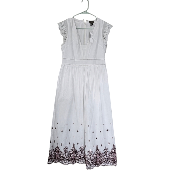 NWT J. Crew Point Sur white and burgundy embroidered midi dress size 6 flaw - Picture 2 of 10
